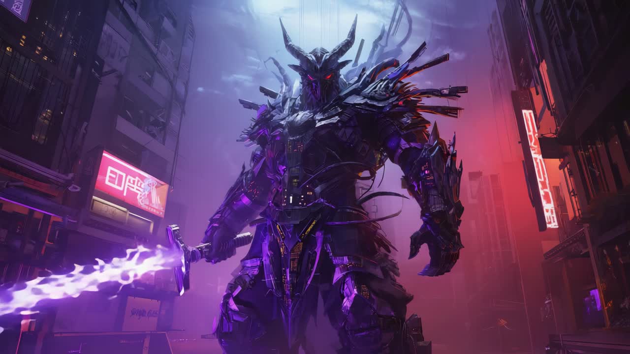 Cyberpunk Demon Warrior in Futuristic City