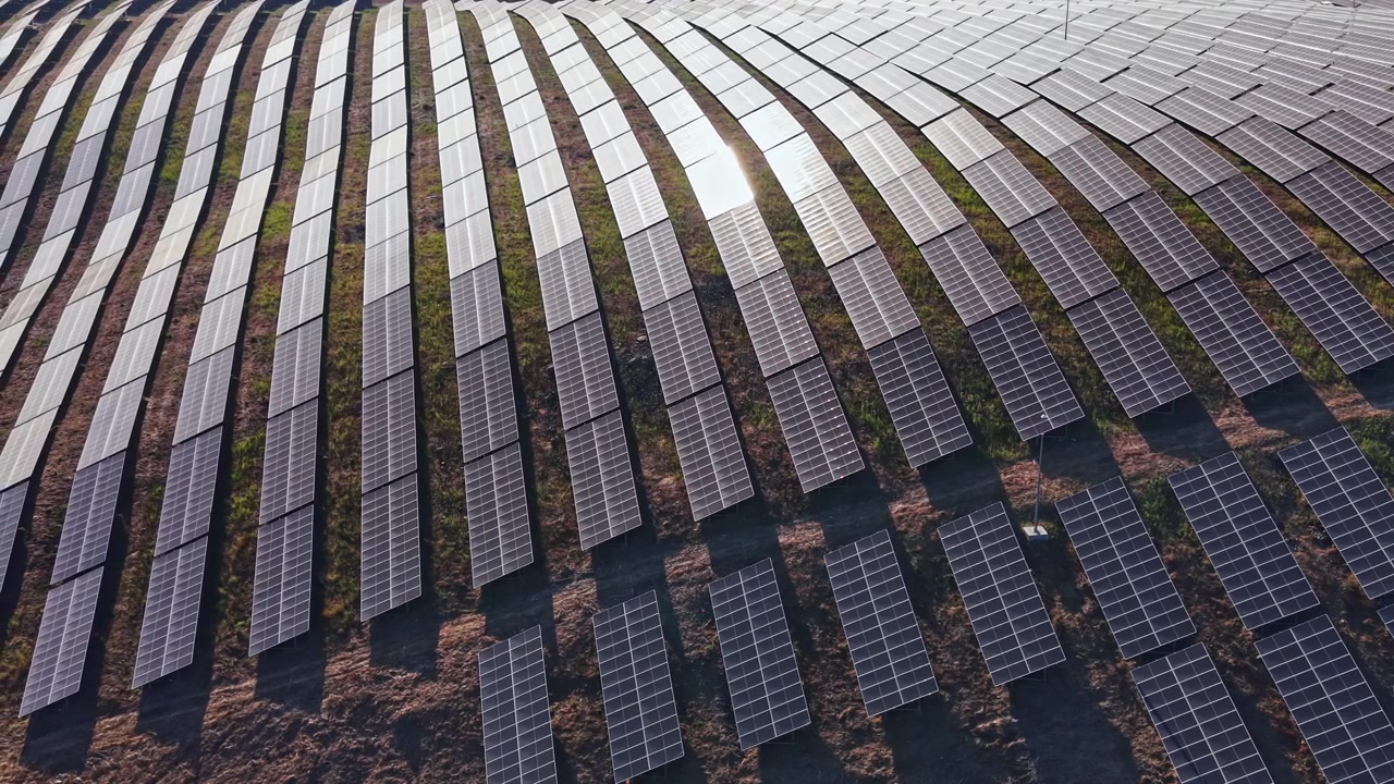 Stor solcellepark på åben mark, der viser rækker af solpaneler under solen om dagen