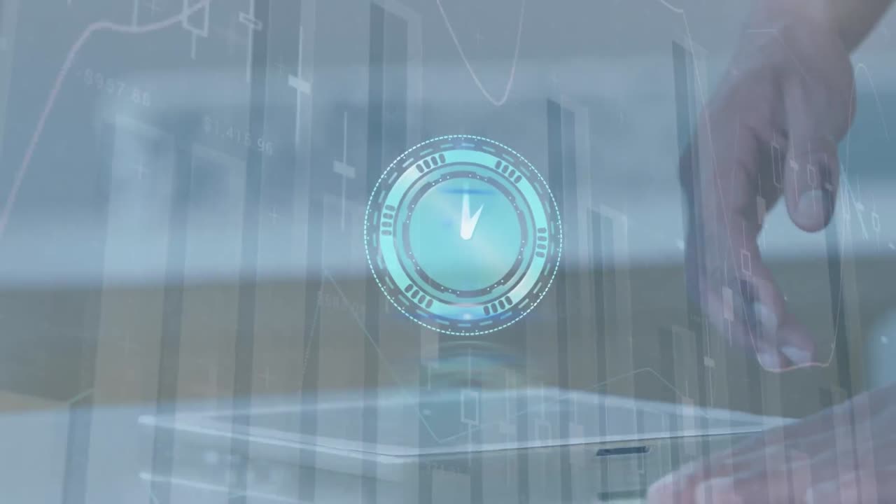 태블릿을 사용하는 백인 남자의 손 위에 움직이는 시계의 애니메이션