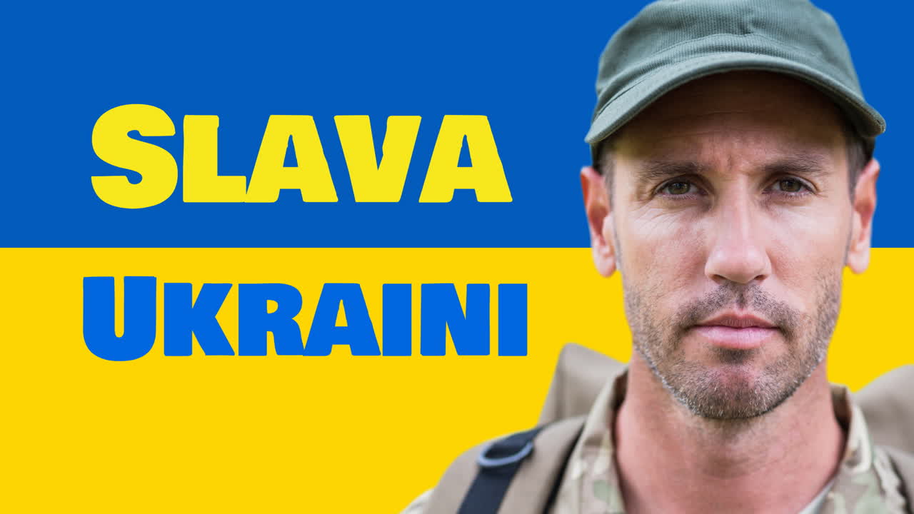Animazione del testo "Slava Ukraini" su soldato maschio caucasico e bandiera dell'Ucraina