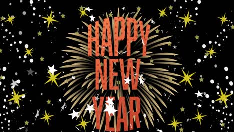 animación del texto de feliz año nuevo en naranja, sobre estrellas y fuegos artificiales sobre fondo negro