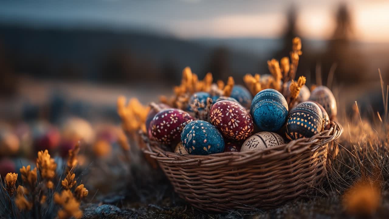 A Captivating Display of Hand-Painted Easter Eggs in a Rustic Basket Surrounded by Natural Flora at Sunset, Celebrating Spring's Vibrant Colors and Traditions
