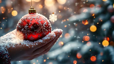 hand holding red christmas ornament covered in snow