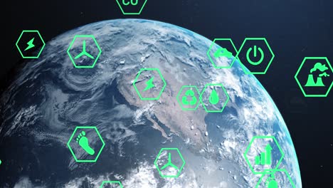 animación de iconos ecológicos y procesamiento de datos en todo el mundo