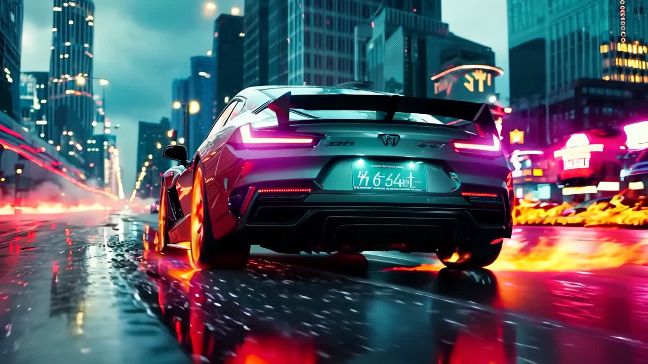 도시 거리를 따라 운전하는 불꽃이 아오르는 차