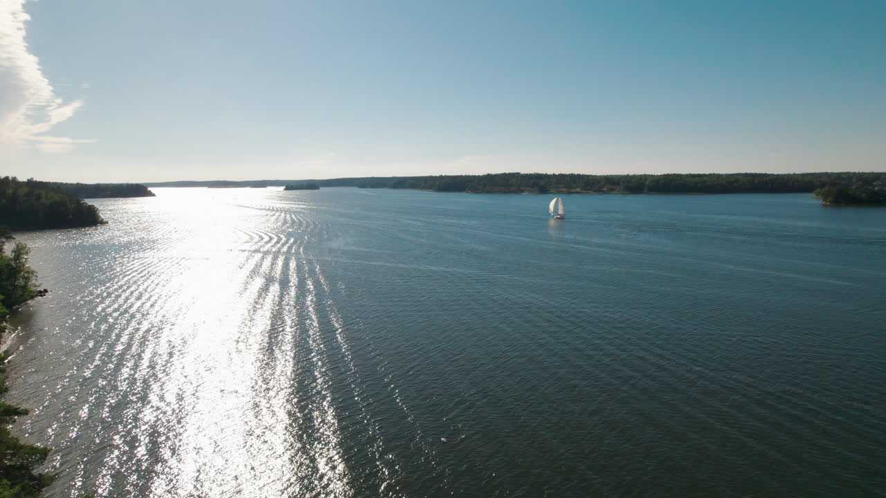 drone desde los bosques costeros hasta el mar báltico, revelando un hermoso velero