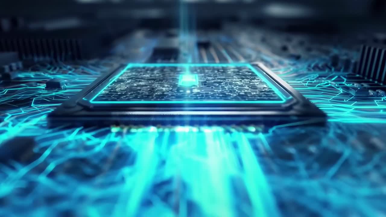 Futuristic video of a microchip with glowing circuits, captured from a low-angle perspective
