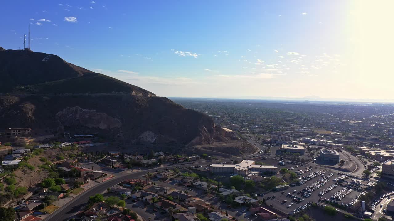 Flying toward Franklin Mountains in El Paso, Texas. Near Cesar E. Chavez Border Highway (375) and Border wall in El Paso before Title 42 Ends. 4k Drone Footage. Near Mexico.