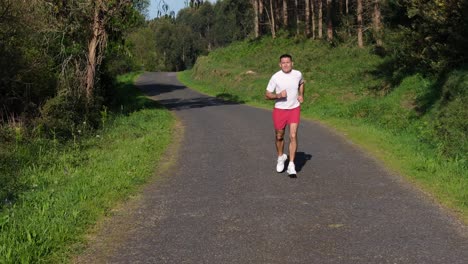 man running in the path along the forest. - aerial pullback shot