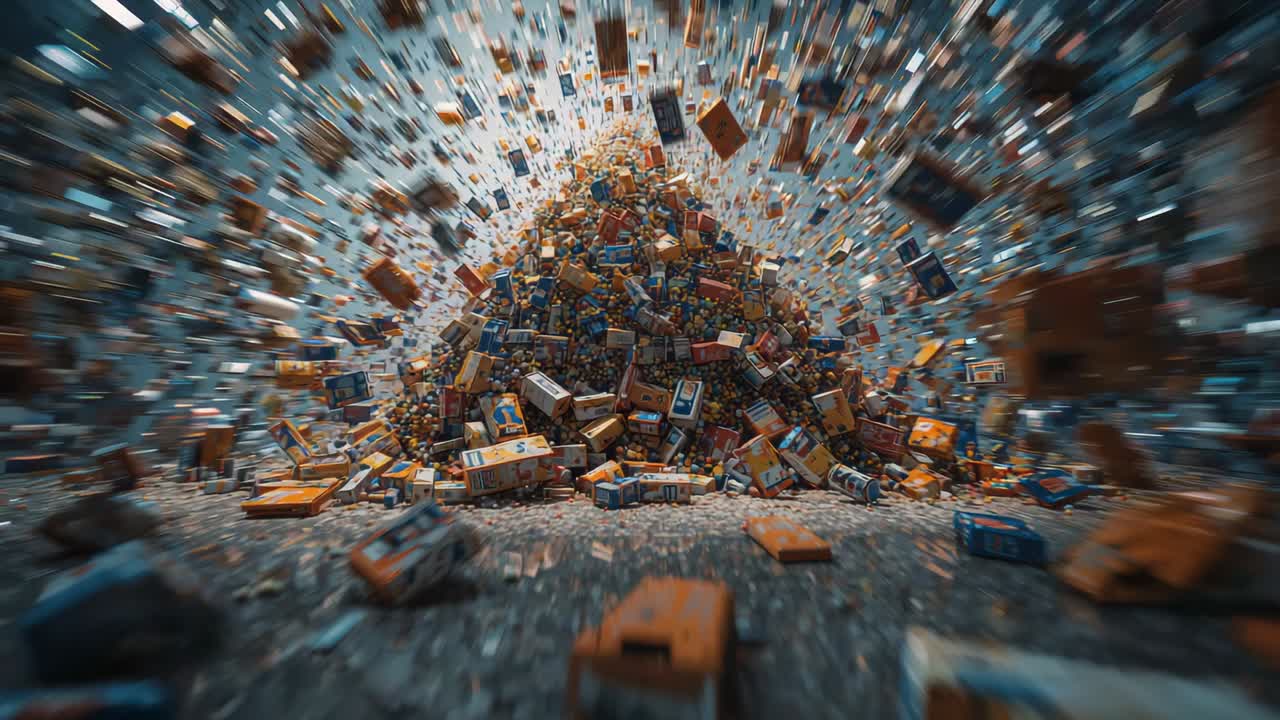 Launching dozens of orange-blue boxes and pellets in studio, forming mound collapsing across floor