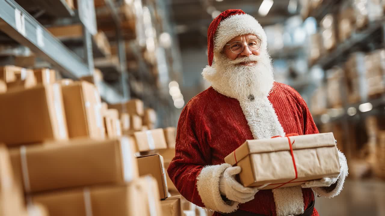 A Cheerful Santa Claus in a Warehouse Joyfully Preparing Gifts for the Holiday Season, Surrounded by Packed Boxes Filled with Christmas Cheer and Festivity