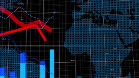 Animación-Del-Procesamiento-De-Datos-Estadísticos-Sobre-El-Mapa-Mundial-Sobre-Fondo-Negro