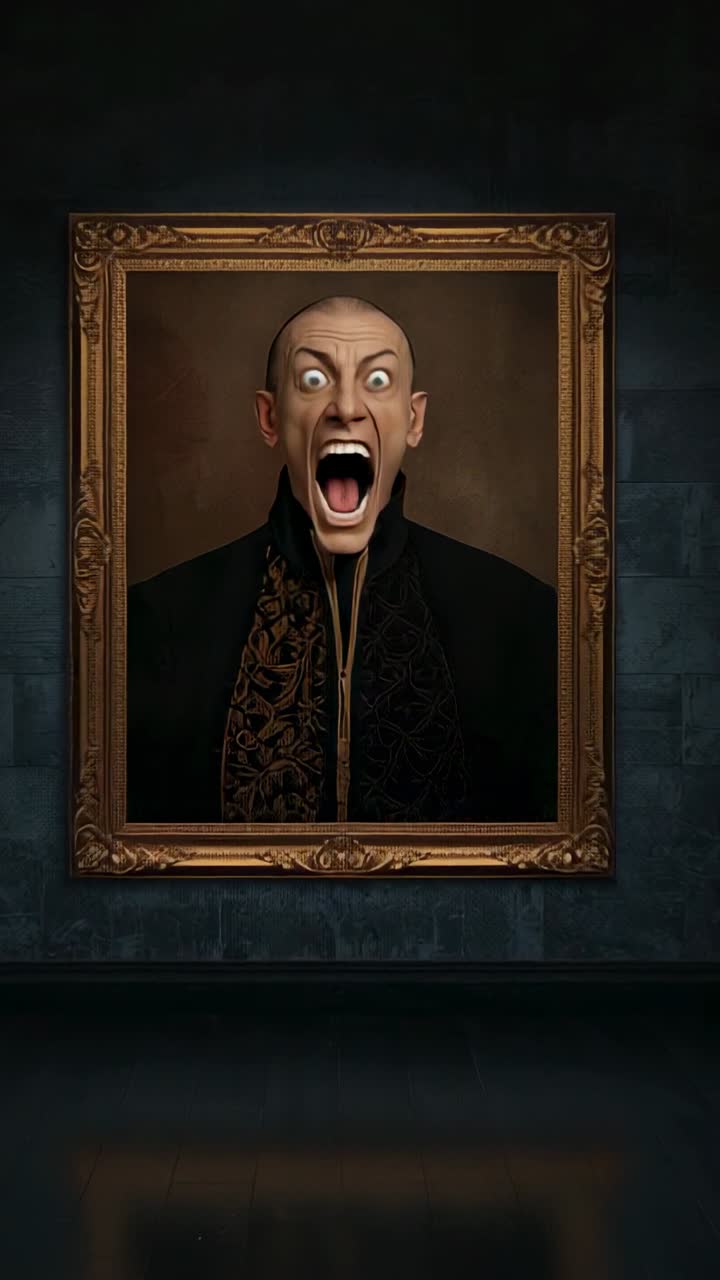 Vertical video: Ornate gold framed portrait contorting face into scream at four-second in gallery