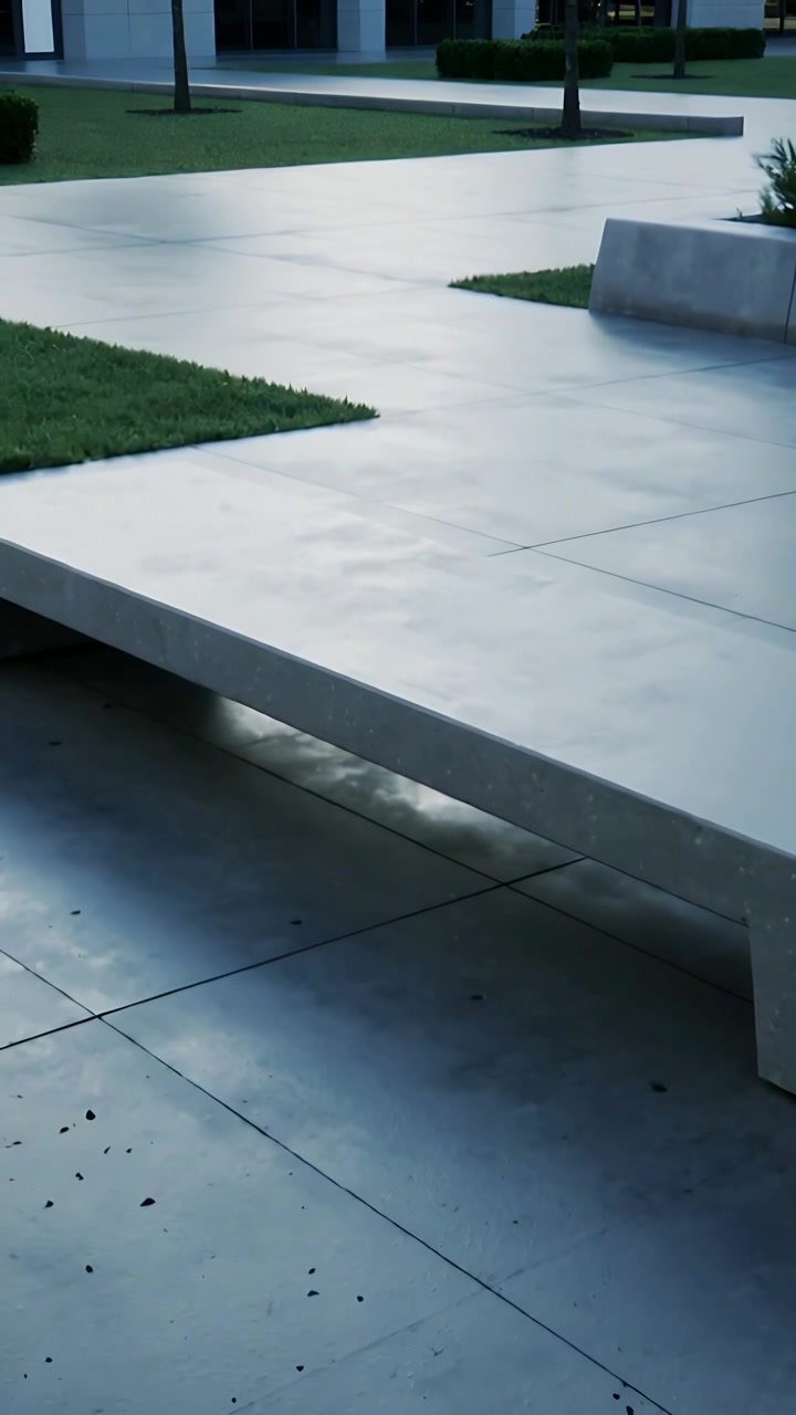 Vertical video: Panning camera right, showing concrete bench in courtyard to reveal planter, debris