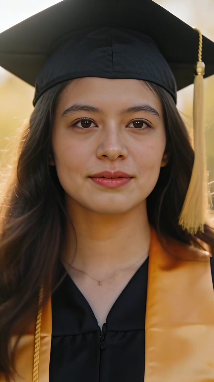 Vídeo vertical: Formando sorridente posando para um retrato com beca e capelo no campus, com a brisa levantando a borla.
