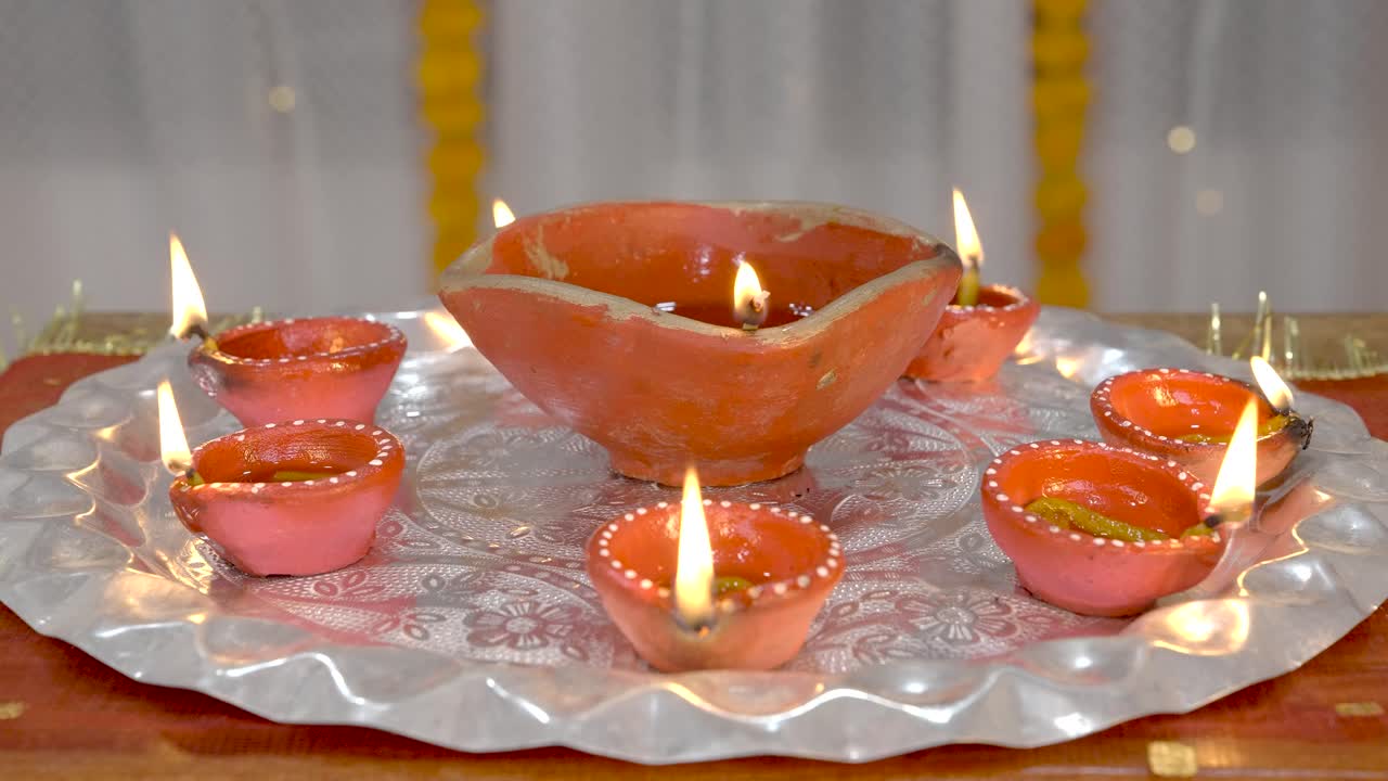 Burning diyas thali ready for Diwali Hindu festival
