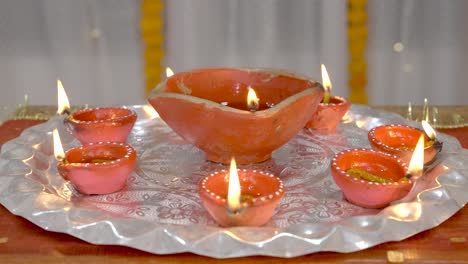 burning diyas thali ready for diwali hindu festival