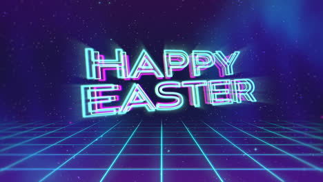 Animation-text-Happy-Easter-and-retro-abstract-grid-in-galaxy-holiday-background