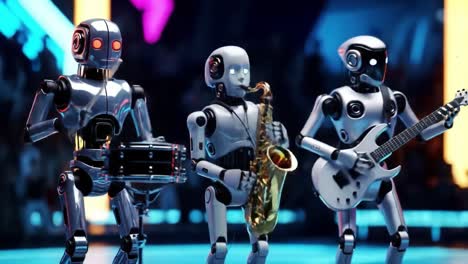 three advanced robots performing a musical ensemble with instruments on stage, showcasing synchronization and high-tech design, captivating the audience with their talent