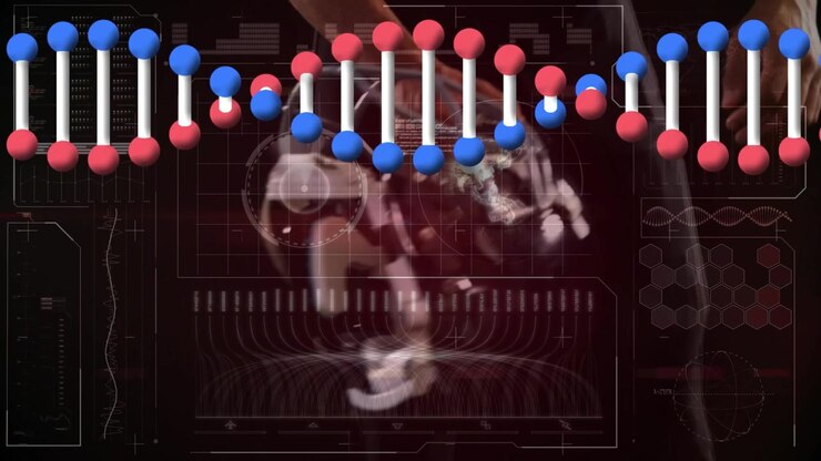 Animazione di giocatore di rugby caucasico e filamento di DNA su elaborazione dati