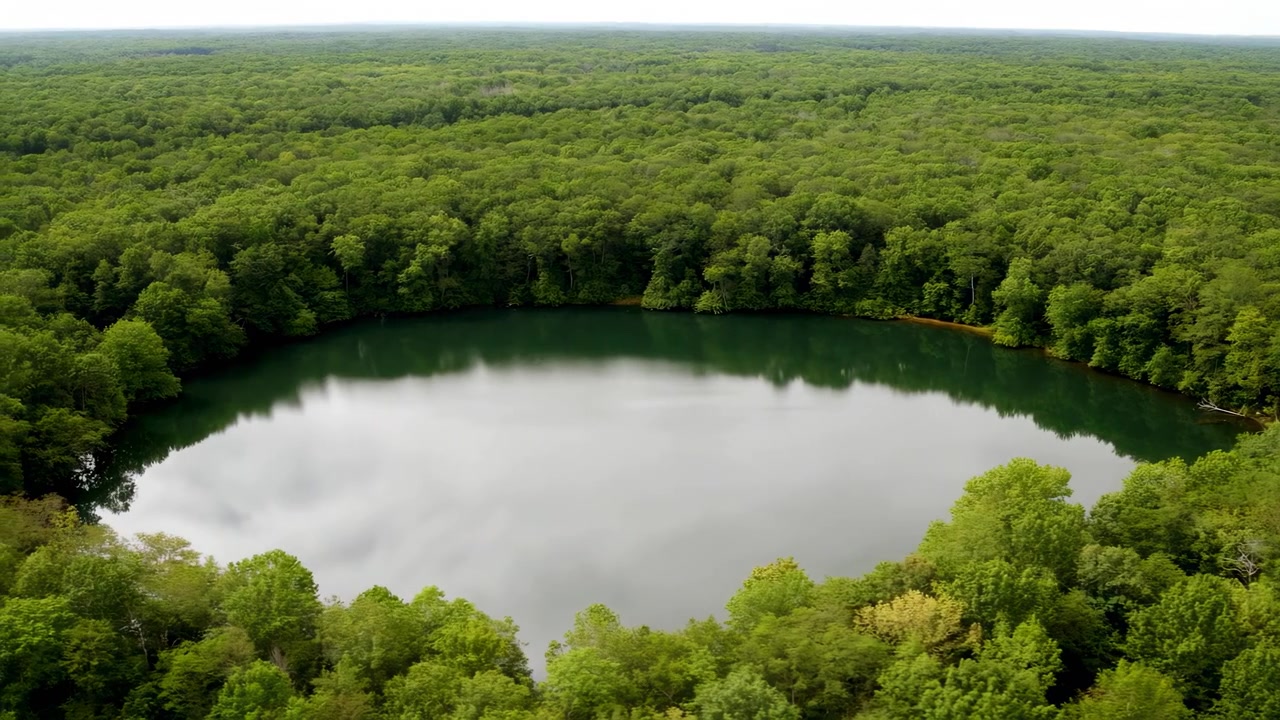 Forest no action observed static scene, in aerial view of a forest with a lake, with trees, lake, from a aerial perspective perspective, with green, blue accents, and serene and natural mood.