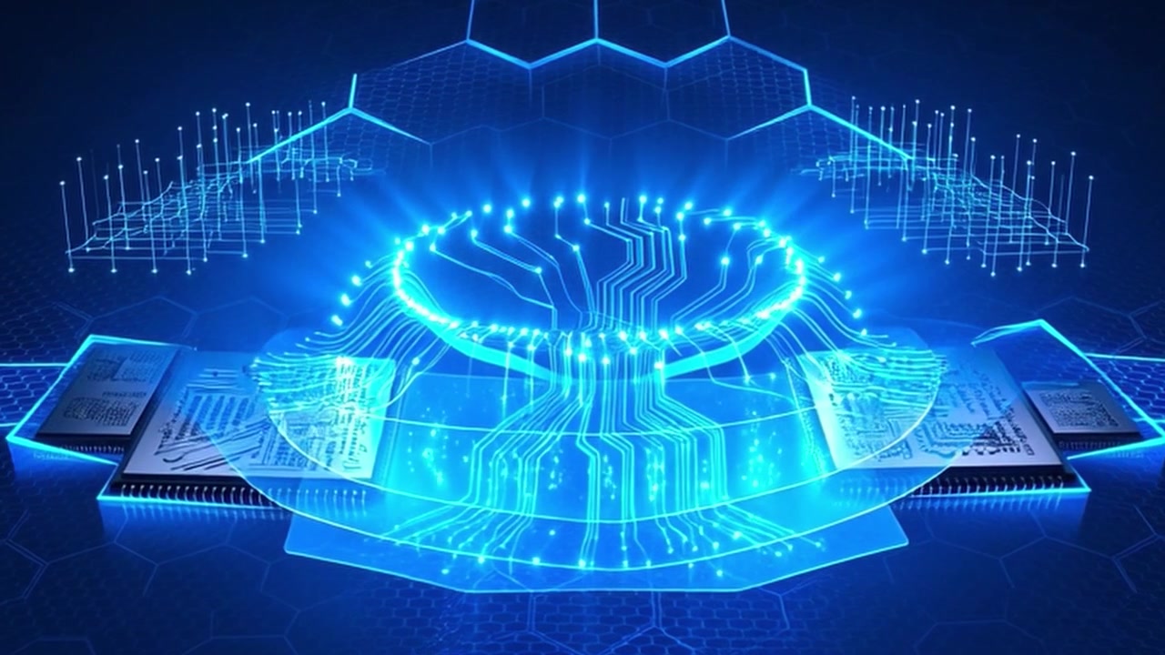 Digital Circuit Board with Glowing Data Transfer Visualization