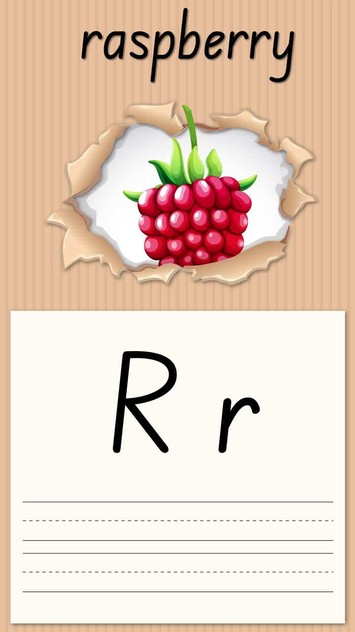 Animated educational graphic teaches the letter R using a raspberry illustration and handwriting practice