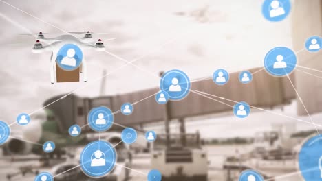 Animation-of-network-of-profile-icons-against-drone-carrying-a-delivery-box-at-an-airport