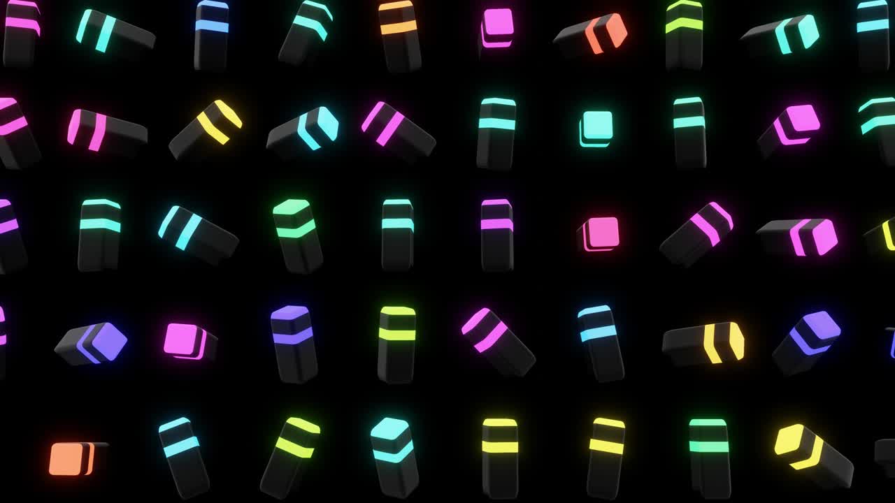 fondo geométrico en bucle de 4k con luz de neón, bloques negros como bombillas con luz multicolor. hermoso fondo de diseño de movimiento con formas geométricas simples y luz de neon.