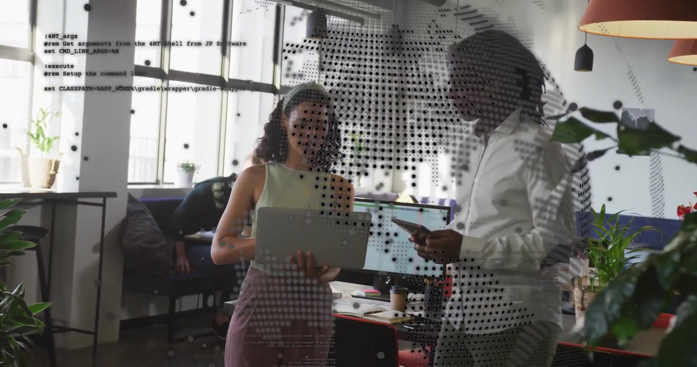 Animation of world map and data processing over business people using laptop