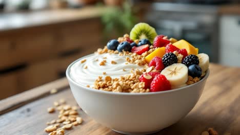 bowl of yogurt filled with a variety of fresh fruits including bananas, berries, and granola, placed on a wooden kitchen table, illuminated by soft natural light, creating a vibrant breakfast scene