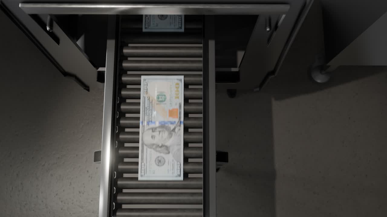 3D animation showing a money printing factory with conveyor belts printing dollars