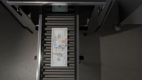 3d animation showing a money printing factory with conveyor belts printing dollars