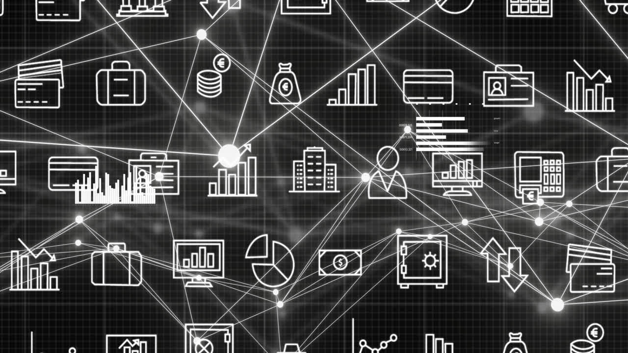 animación de la red de conexiones e iconos digitales sobre fondo negro
