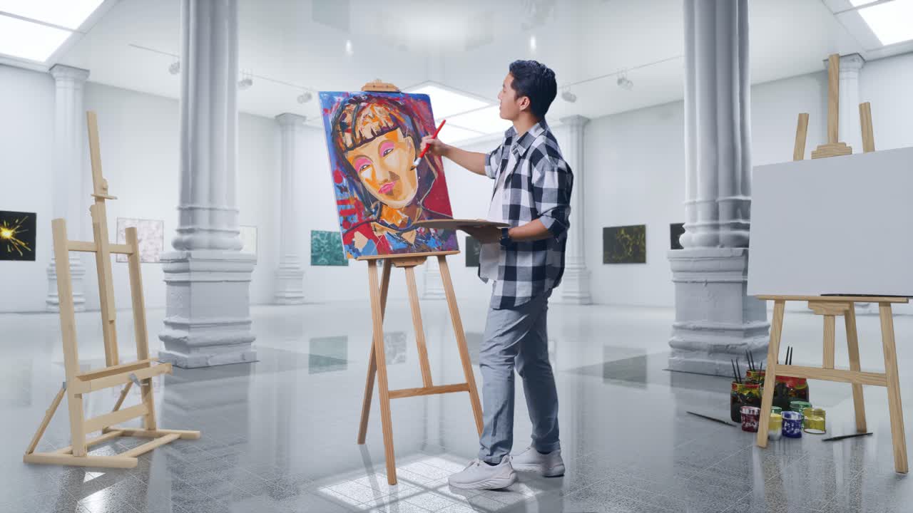 아시안 남성 예술가의 전체 몸의 측면 뷰 축하 갤러리에서 오일 페인트와 으로 캔버스에 소녀를 칠하는 끝