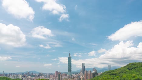 Impresionante-Lapso-De-Tiempo-De-Cielo-Azul-Nublado-Sobre-Taipei-101-Taiwán,-Distrito-De-Xinyi