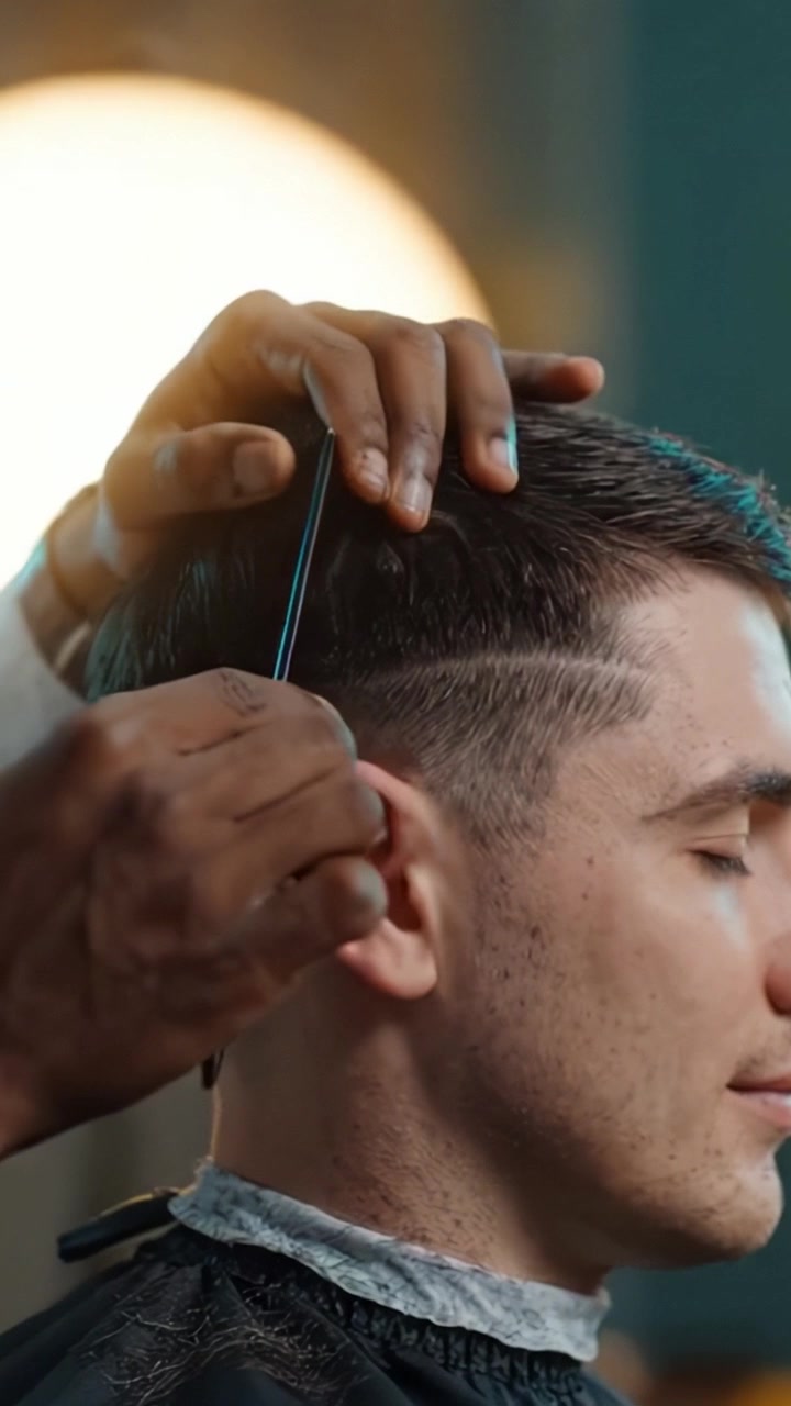 Professionel barber klipper dygtigt hår og skaber stilfuld fade med præcise kamteknikker i et lyst oplyst barbershopmiljø