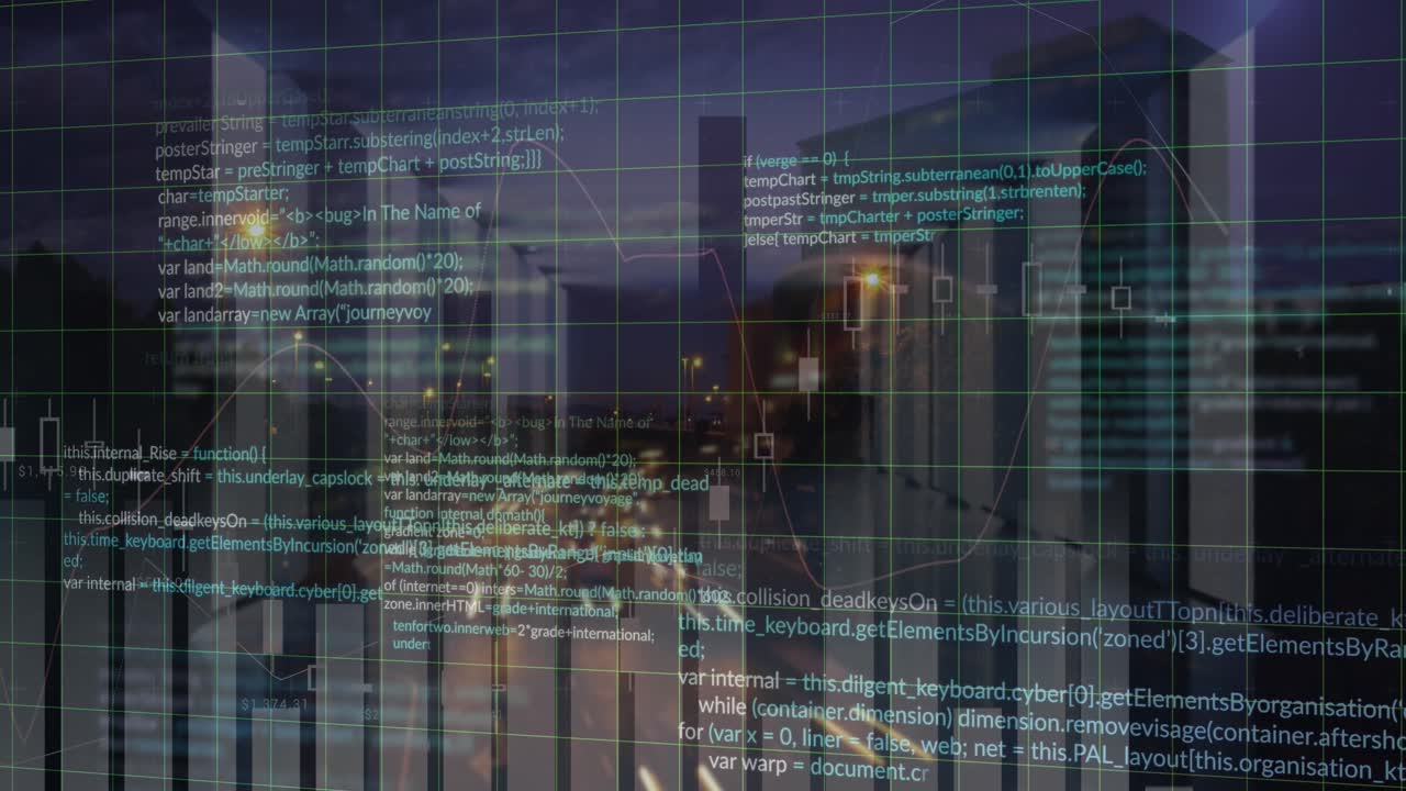Animation of financial data processing over cityscape