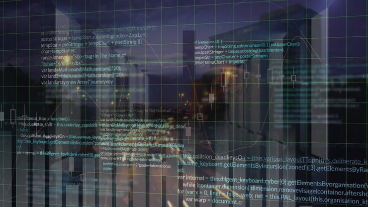 Animation of financial data processing over cityscape