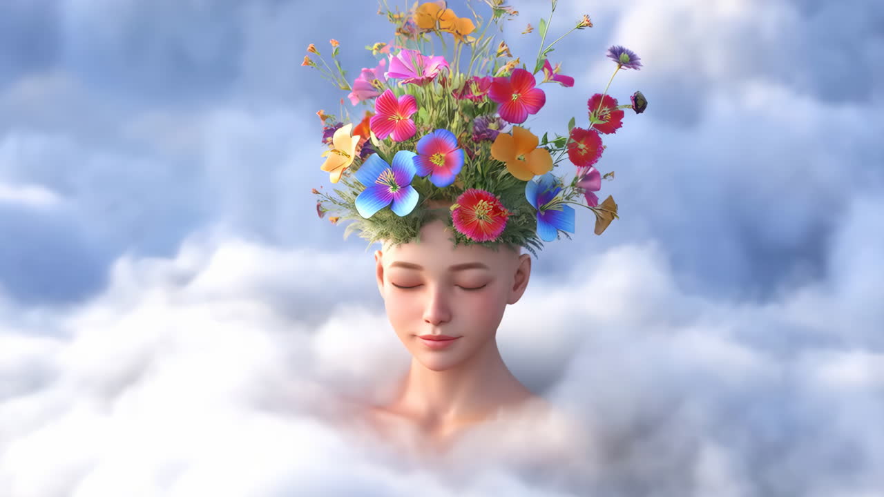 Woman with Flowers in Clouds