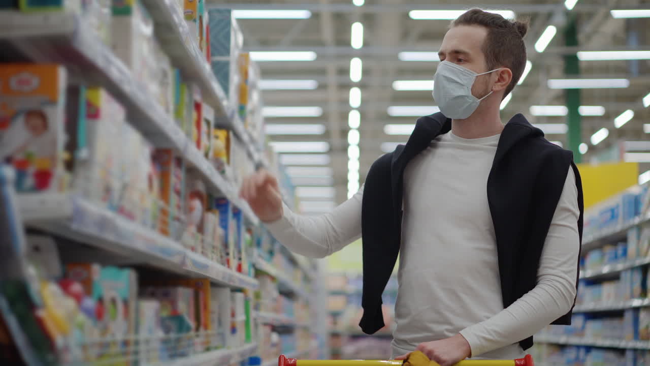 Man Shopping in Supermarket with Mask