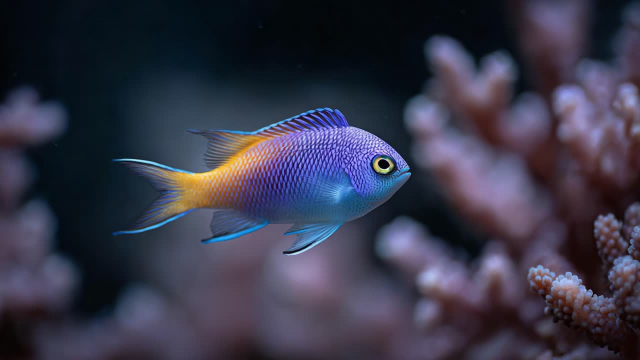 Un vivace pesce di barriera nel suo habitat naturale, che mostra colori mozzafiato e movimenti aggraziati tra le strutture coralline sotto la superficie dell'oceano.