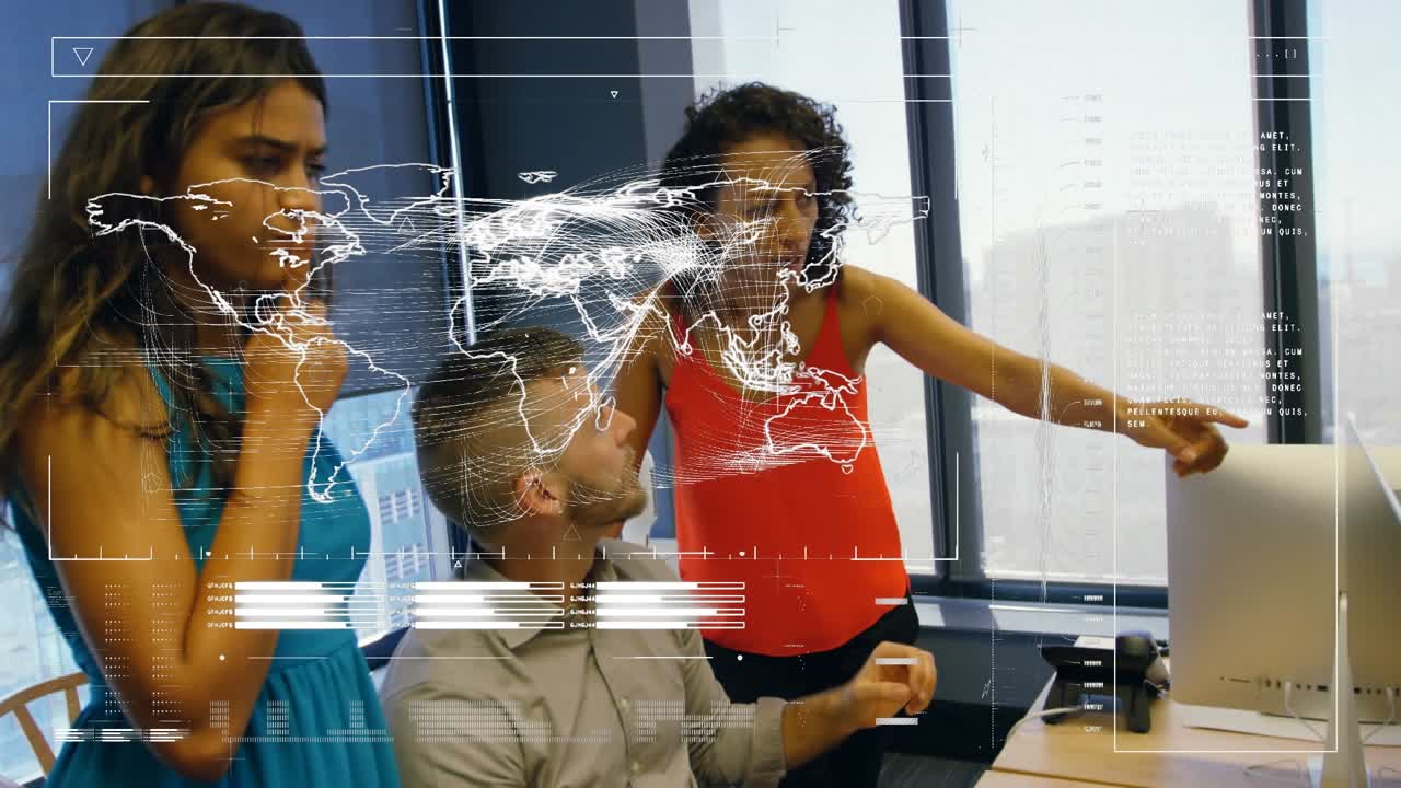 Colleagues discuss computer data on a white dashboard with an earth map in the background