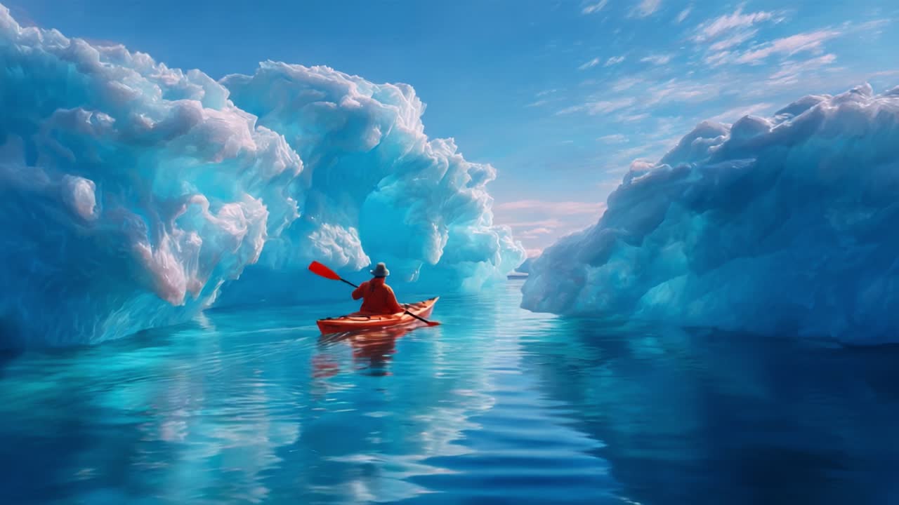 A Serene Kayaker Gliding Through Majestic Iceberg Archways in Tranquil Blue Waters, Emphasizing the Beauty and Stillness of Nature's Glacial Landscapes
