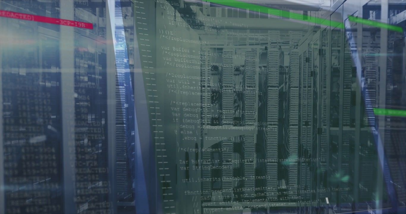 Opening shot starting camera panning while code fading bars blinking showing server rack data flow