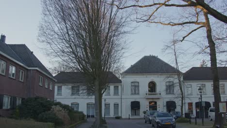 Pan-towards-beautiful-hotel-in-the-small-town-of-Bredevoort,-the-Netherlands