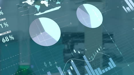 animating financial data charts and graphs over office background
