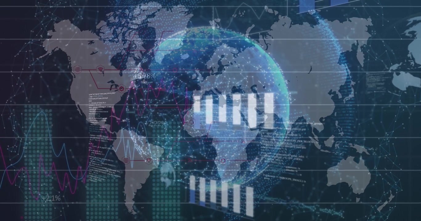 Animation of data processing with globe and world map on black background