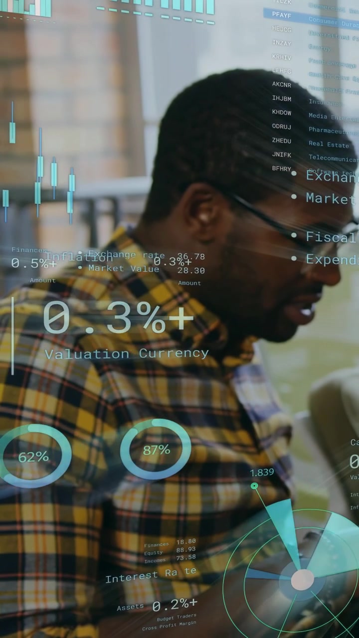 Vertical video: Mid adult man tapping phone in office, AR HUD updating trading metrics and charts