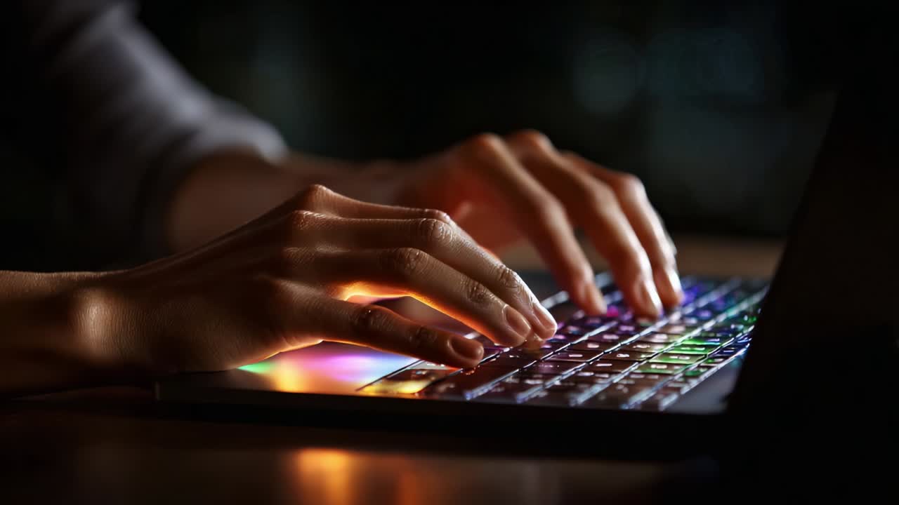 Una ripresa ravvicinata di una tastiera illuminata mentre si scrive: cattura del movimento dinamico delle mani che danzano sui tasti colorati in un ambiente con scarsa illuminazione, infondendo un tocco umano alla tecnologia